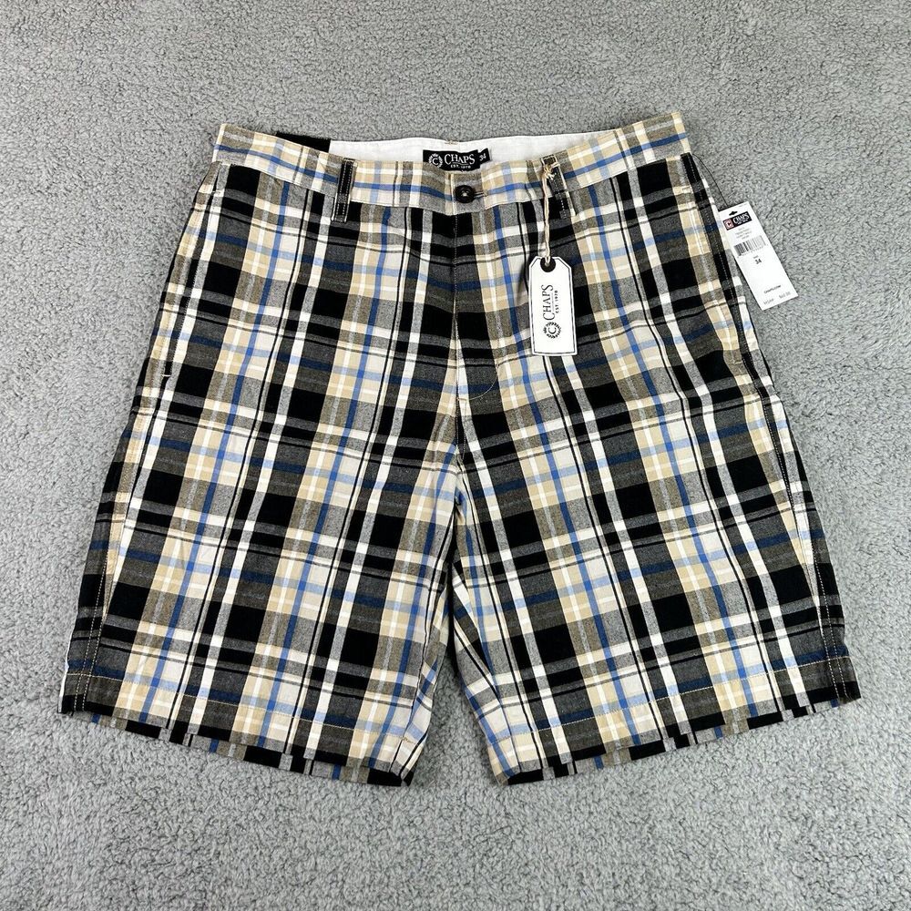 Chaps Shorts‎ Mens 34 Lead Table Safari Plaid Flat Front Casual Pockets